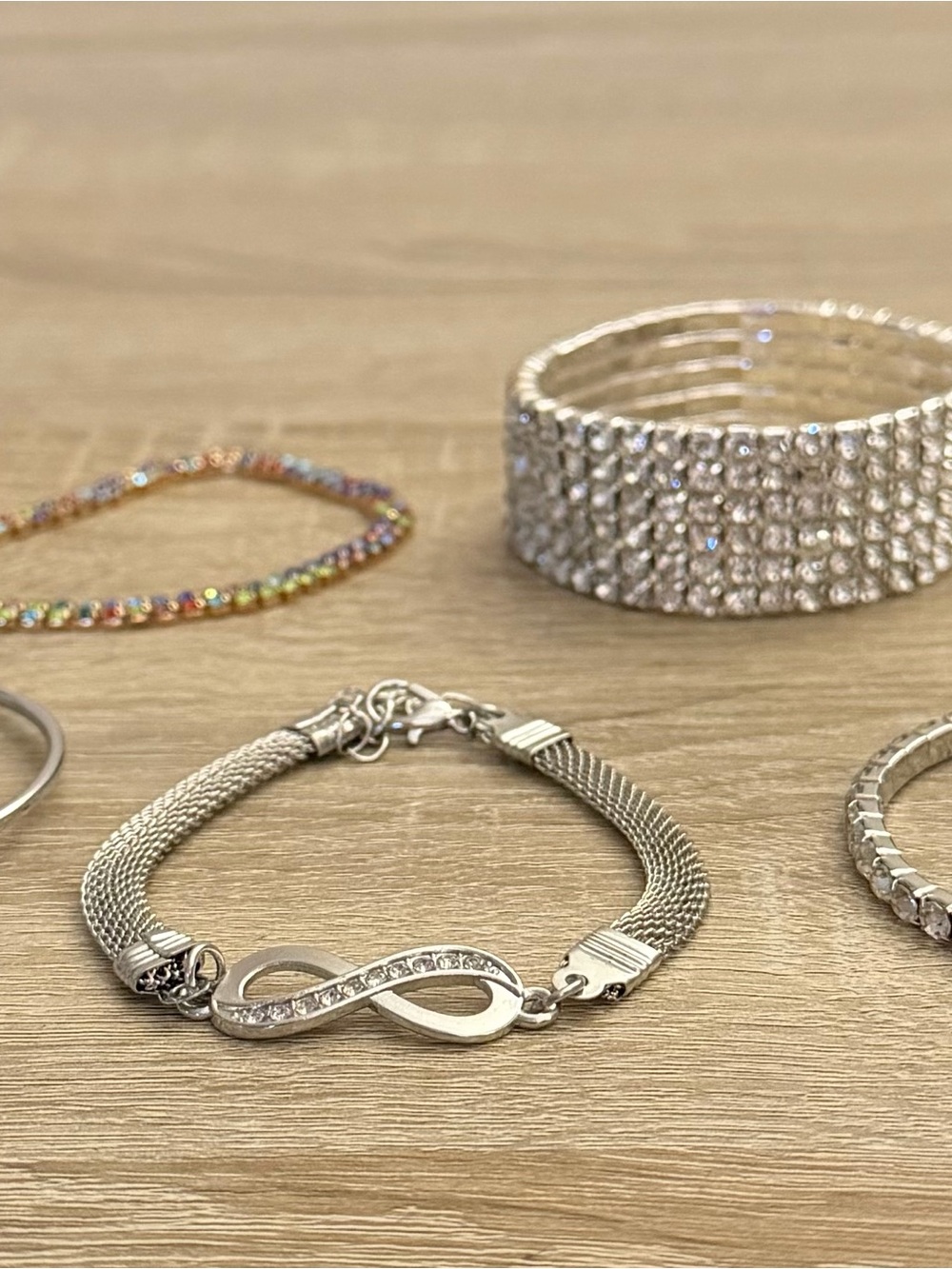 5-Piece Silver Tone Rhinestone Bracelet Bundle | Infinity, Heart & Crystal NWOT - Picture 2 of 7